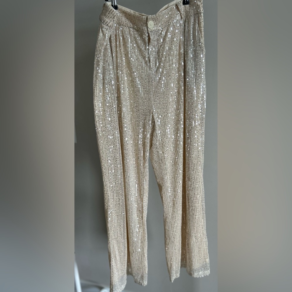 Elegant Sequin Beige Trousers